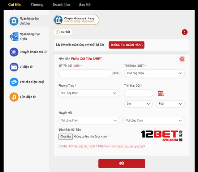 Cách gửi tiền 12Bet qua ngân hàng địa phương đơn giản